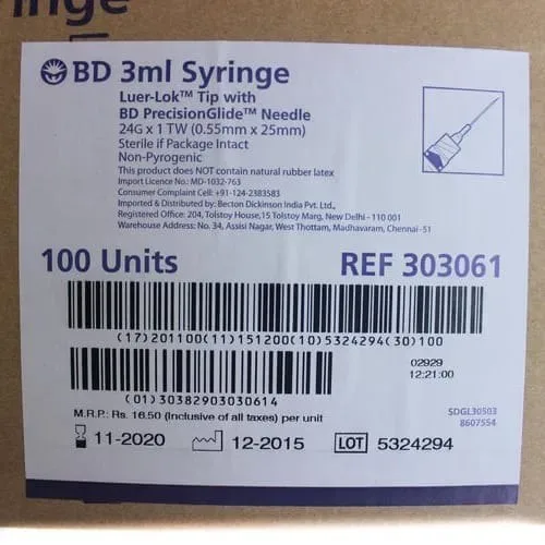BD 3ml Syringe Luer-Lok Tip with BD PrecisionGlide 24G Needle - 100 Pcs Box