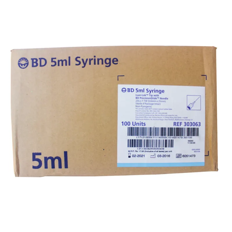 BD 5ml Syringe Luer-Lok Tip with PrecisionGlide Needle | 100 Pcs Box