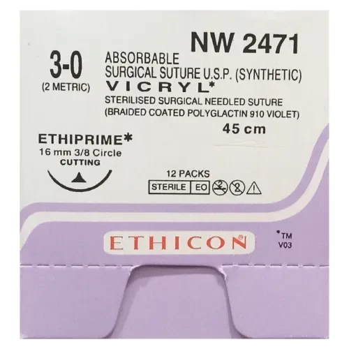 Ethicon Johnson - NW2471 - Vicryl Sutures USP 3-0, 3/8 Circle Cutting PC 3 Ethiprime - NW2471 - 12 Foils Box