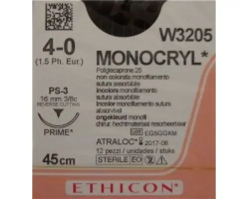 Ethicon Johnson - W3205 - Monocryl Sutures USP 4-0, 3/8 Circle Reverse Cutting PS-3 Prime - W3205 - 12 Foils Box