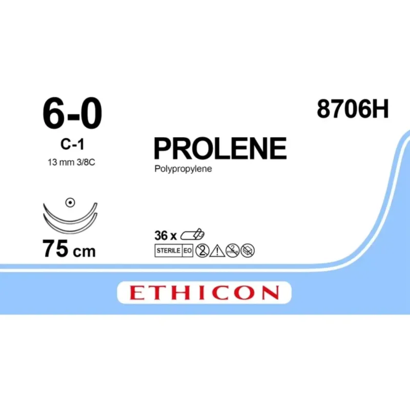Ethicon Johnson - W8706 - Prolene Sutures USP 6-0, 3/8 Circle Round Body C-1 Double Needle W8706 -12 Foils Box