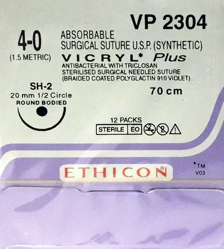 Ethicon Johnson - VP2304 - Vicryl Plus Sutures USP 4-0, 1/2 Circle Round Body - VP2304 - 12 Foils Box