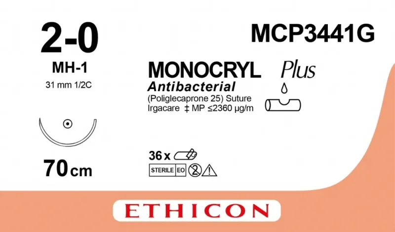 Ethicon Johnson - MCP3441G - Monocryl Plus Sutures USP 2-0, 1/2 Circle Round Body - MCP3441G - 12 Foils Box
