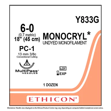 Ethicon Johnson - Y833G - Monocryl Sutures USP 6-0, Skki Needle Cutting Precision Cosmetic PC-1 MultiPass Prime - Y833G -12 Foils