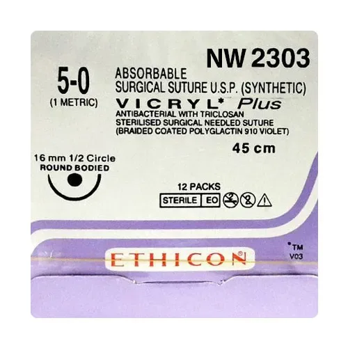 Ethicon Johnson - NW2303P - Vicryl Sutures USP 5-0, 1/2 Circle Oval Round Body - NW2303P - 12 Foils Box