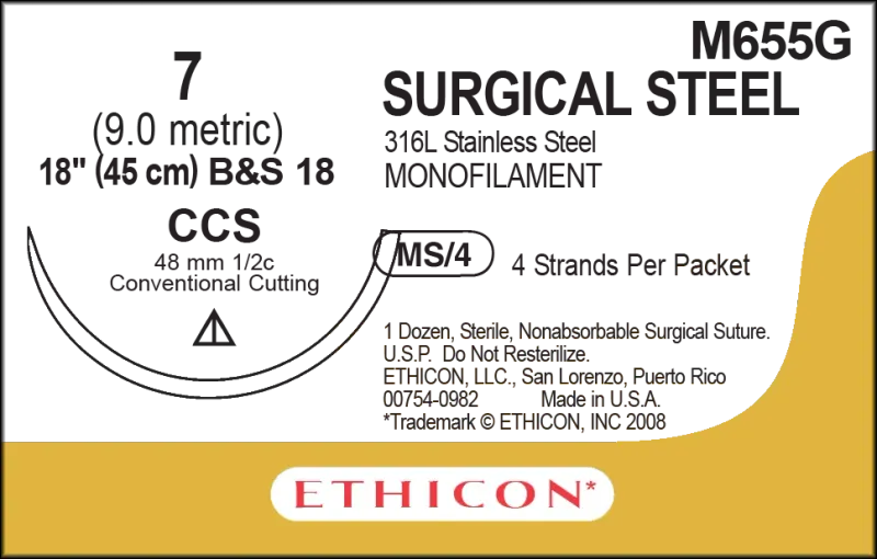Ethicon Ethisteel Stainless Steel Sutures USP 7, 1/2 Circle Cutting CCS - M655G -12 Foils