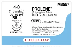 Ethicon Johnson - W8557 - Prolene Sutures USP 4-0, 1/2 Circle Round Body Double Needle W8557 - 12 Foils Box