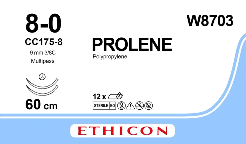 Ethicon Johnson - W8703 - Prolene Sutures USP 8-0, 3/8 Circle CC Double Needle W8703 - 12 Foils Box