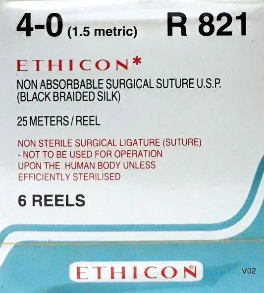 Ethicon Johnson - R821 - 25 cm 4-0 USP Black Braided Silk Suture R821 -6  Foils Box
