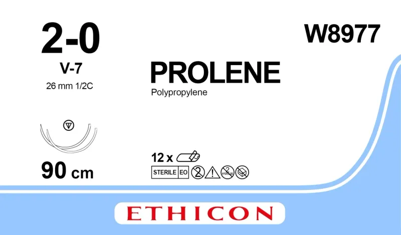 Ethicon Johnson - W8977 - Prolene Sutures USP 2-0, 1/2 Circle Tapercut V-7 Double Needle W8977 - 12 Foils Box