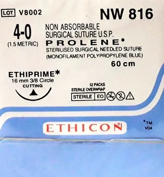 Ethicon Johnson - NW816 - Prolene Sutures USP 4-0, 3/8 Circle Cutting Ethiprime NW816 - 12 Foils Box