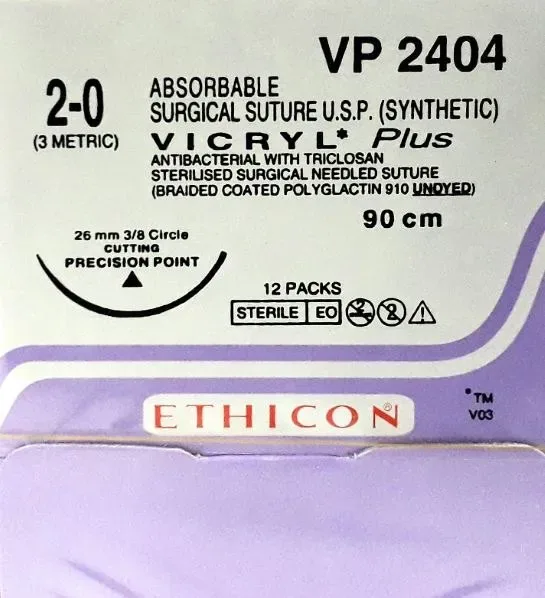Ethicon Johnson - VP2404 - Vicryl Plus Sutures USP 2-0, 3/8 Circle Cutting - VP 2404 - 12 Foils Box