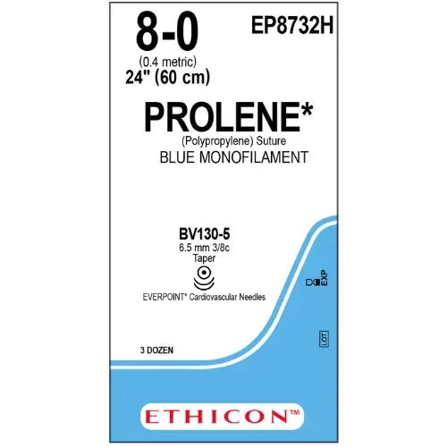 Ethicon Johnson - EP8732H - Prolene Sutures USP 8-0, 3/8 Circle Taper Point BV 130-5 Double Needle EP8732H -36 Foils