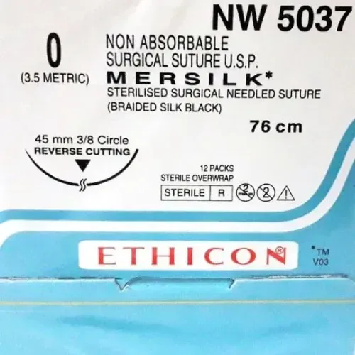 Ethicon Johnson - NW5037P - Mersilk Sutures USP 0, 3/8 Circle Reverse Cutting - NW5037 - 12 Foils Box