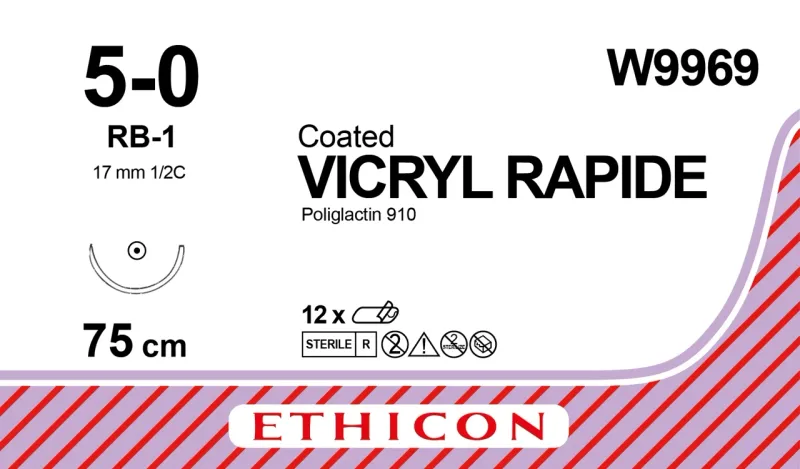Ethicon Johnson - W9969 - Vicryl Rapide Sutures USP 5-0, 1/2 Circle Round Body RB-1 - W9969 - 12 Foils Box