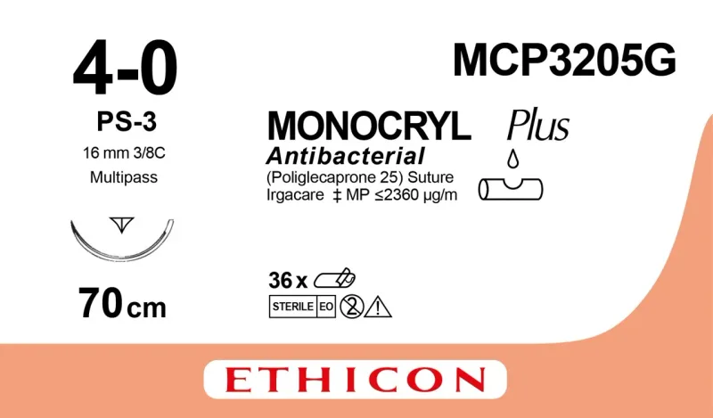 Ethicon Johnson - MCP3205G - Monocryl Plus Sutures USP 4-0, 3/8 Circle Reverse Cutting Prime MCP3205G - 12 Foils Box