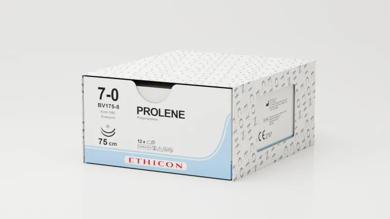 Ethicon Johnson - NW873 - Prolene Sutures USP 7-0, 3/8 Circle Round Body BV-1 Double Needle NW873 - 12 Foils Box