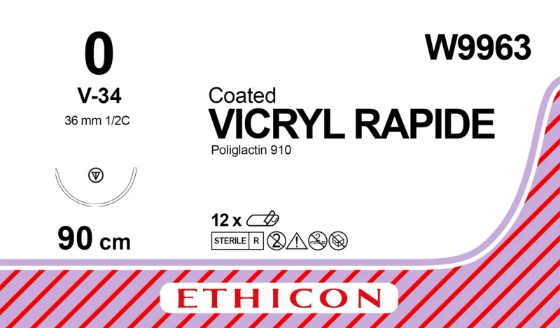 Ethicon Johnson - W9963 - Vicryl Rapide Sutures USP 0, 1/2 Circle Tapercut - W9963 - 12 Foils Box