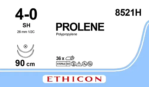 Ethicon Johnson - 8521H - Prolene Sutures USP 4-0, 1/2 Circle Taper Point SH Ethalloy Double Needle 8521H - 36 Foils Box