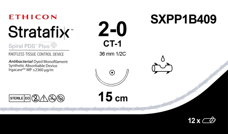 Ethicon Stratafix Spiral PDS Plus Unidirectional Sutures USP 2-0, 36mm 1/2 Circle Taper Point - SXPP1B409