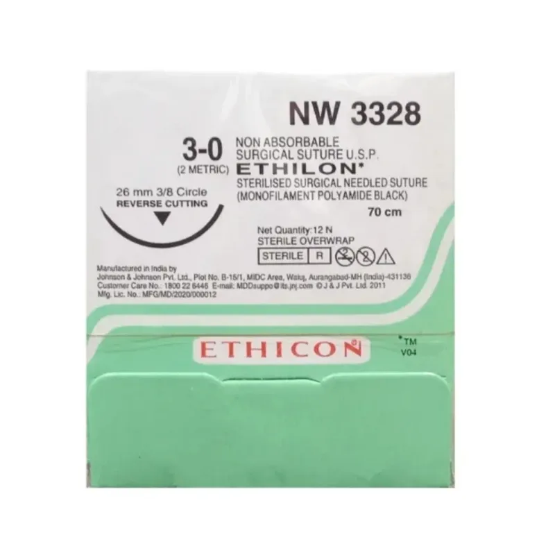 Ethicon Johnson - NW3328P - Ethilon Sutures - NW 3328 USP 3-0, 3/8 Circle Reverse Cutting - 12 Foils Box