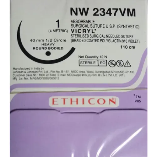 Ethicon Johnson - NW2347VM - Vicryl Sutures USP 1, 1/2Circle Round Body Heavy NW 2347VM - 12 Foils Box