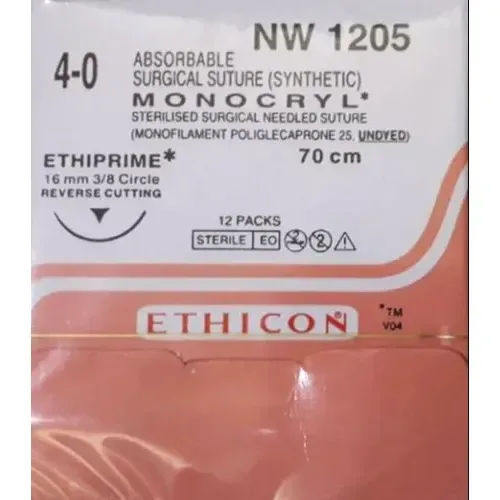 Ethicon Johnson - NW1205 - Monocryl Sutures USP 4-0, 3/8 Circle Reverse Cutting Ethiprime NW1205 - 12 Foils Box