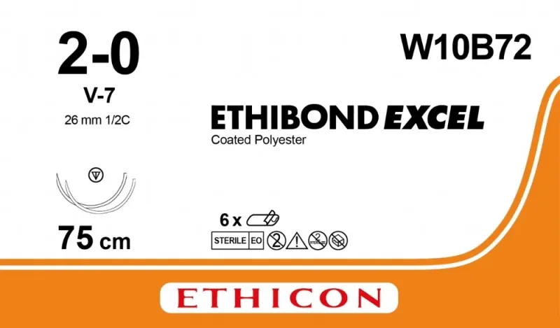 Ethicon Johnson - W10B72 - Ethibond Sutures USP 2-0, 1/2 Circle Tapercut SX V-7 Double Needle - W10B72  -6 foils Box