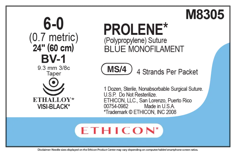Ethicon Johnson - W8305 - Prolene Sutures USP 6-0, 3/8 Circle Round Body Visi-Black BV-1 Ethalloy Double Needle W8305 - 12 Foils Box