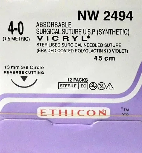 Ethicon Johnson - NW2494 - Vicryl Sutures USP 4-0, 3/8 Circle Reverse Cutting - NW 2494 - 12 Foils Box