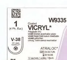 Ethicon Johnson - W9335 - Vicryl Sutures USP 1, Fish Hook Tapercut V-38 - W9335 - 12 Foils Box
