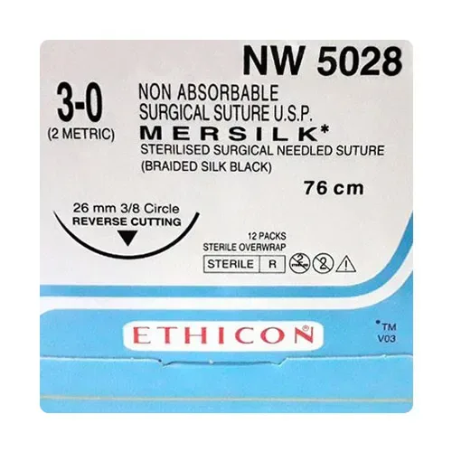 Ethicon Johnson - NW5028P - Mersilk Sutures USP 3-0, 3/8 Circle Reverse Cutting Ethiprime - NW 5028P - 12 Foils Box