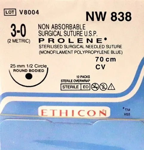 Ethicon Johnson - NW838P - Prolene Sutures USP 3-0, 1/2 Circle Round Body - NW838 - 12 Foils Box