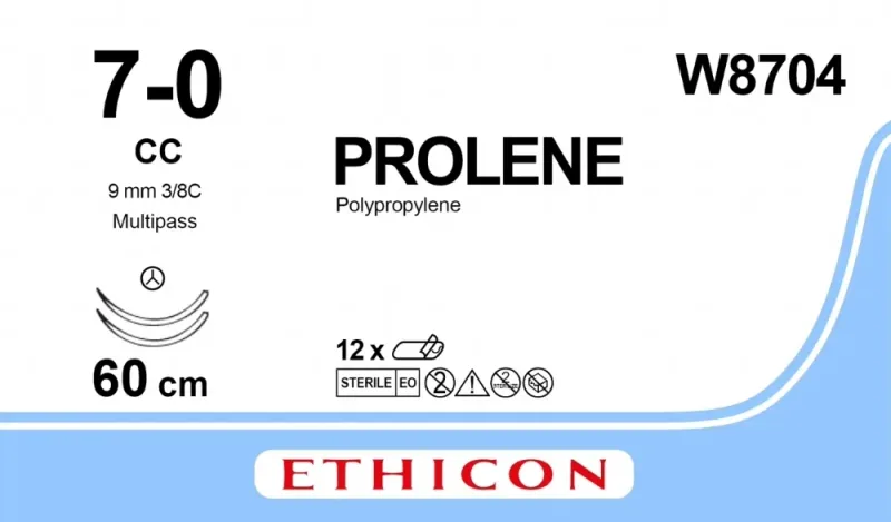 Ethicon Johnson - W8704 - Prolene Sutures USP 7-0, 3/8 Circle CC Multipass Double Needle - W8704 - 12 Foils Box