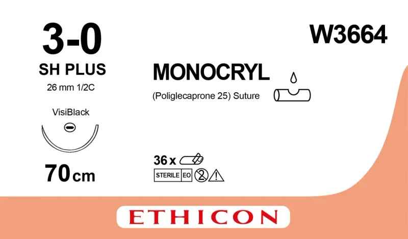 Ethicon Johnson - W3664 - Monocryl Sutures USP 3-0, 1/2 Circle Oval Round Body W3664 - 12 Foils Box