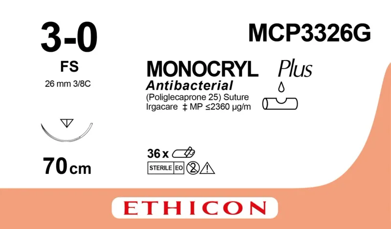 Ethicon Johnson - MCP3326G - Monocryl Plus Sutures USP 3-0, 3/8 Circle Reverse Cutting - MCP3326G - 12 Foils Box