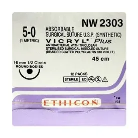 Ethicon Johnson - NW2303P - Vicryl Sutures USP 5-0, 1/2 Circle Oval Round Body - NW2303 - 12 Foils Box