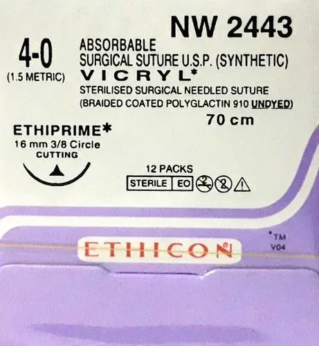 Ethicon Johnson - VP2443 - Vicryl Plus Sutures USP 4-0 , 3/8 Circle Cutting Ethiprime - VP 2443 - 12 Foils Box