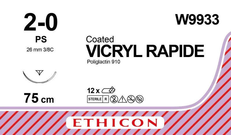 Ethicon Johnson - W9933 - Vicryl Rapide Sutures USP 2-0, 3/8 Circle Reverse Cutting Prime PS - W9933 - 12 Foils Box