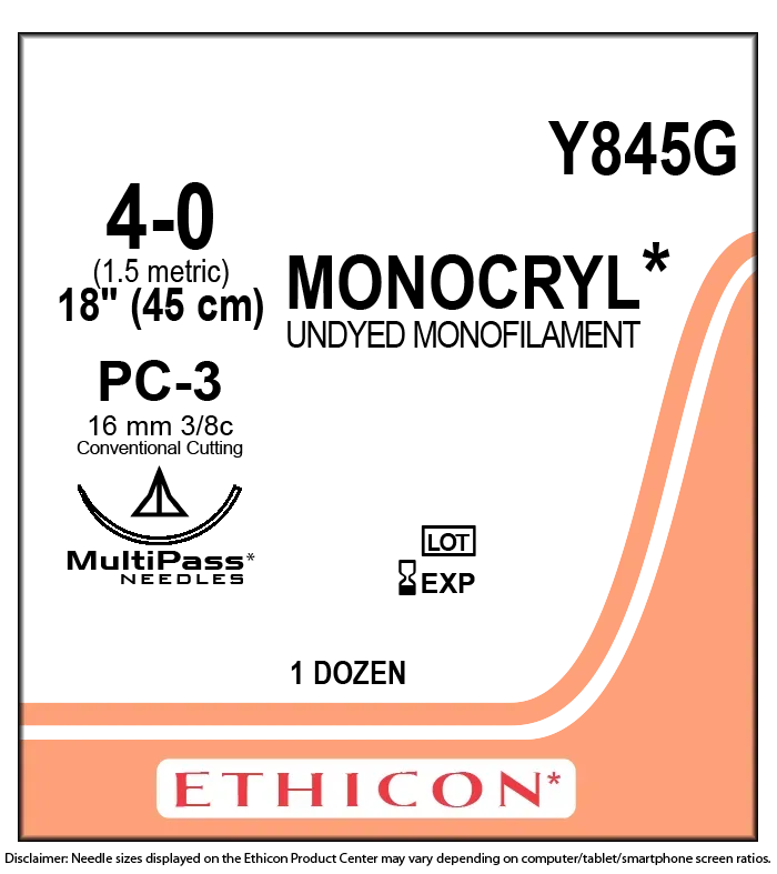 Ethicon Johnson - Y845G - Monocryl Sutures USP 4-0, 3/8 Circle Cutting Precision Cosmetic PC-3 - Y845G - 12 Foils Box