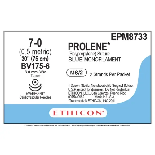 Ethicon Johnson - EPM8733 - Prolene Sutures USP 7-0, 3/8 Circle Taper Point BV 175-6 Double Needle EPM8733 -12 Foils