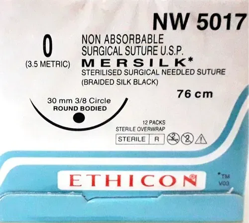 Ethicon Johnson - NW5017P - Mersilk Sutures USP 0, 3/8 Circle Round Body - NW5017 - 12 Foils Box
