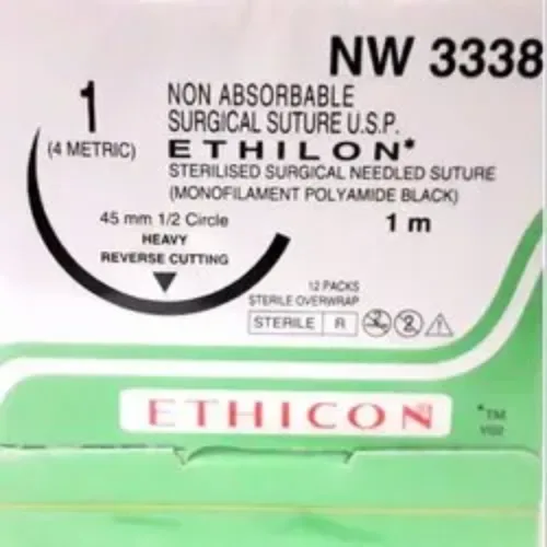 Ethicon Johnson - NW3338P - Ethilon Sutures - NW 3338 USP 1, 1/2Circle Reverse Cutting Heavy - 12 Foils Box