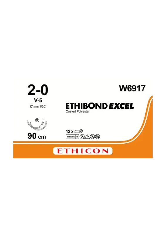 Ethicon Johnson - W6917 - Ethibond Sutures USP 2-0, 1/2 Circle Tapercut V-5 Double Needle - W6917 - 12 Foils Box