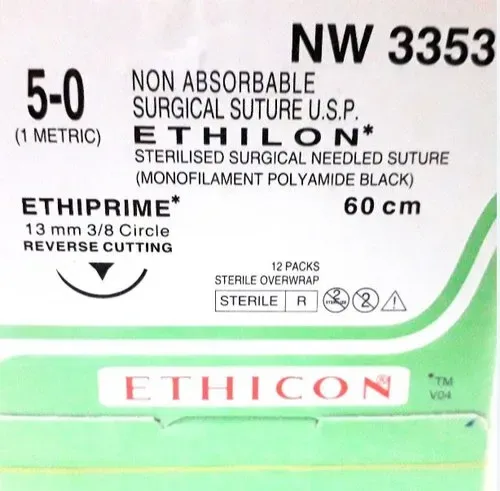 Ethicon Johnson - NW3353 - Ethilon Sutures - NW3353 USP 5-0, 3/8 Circle Reverse Cutting P-3 Ethiprime - 12 Foils Box