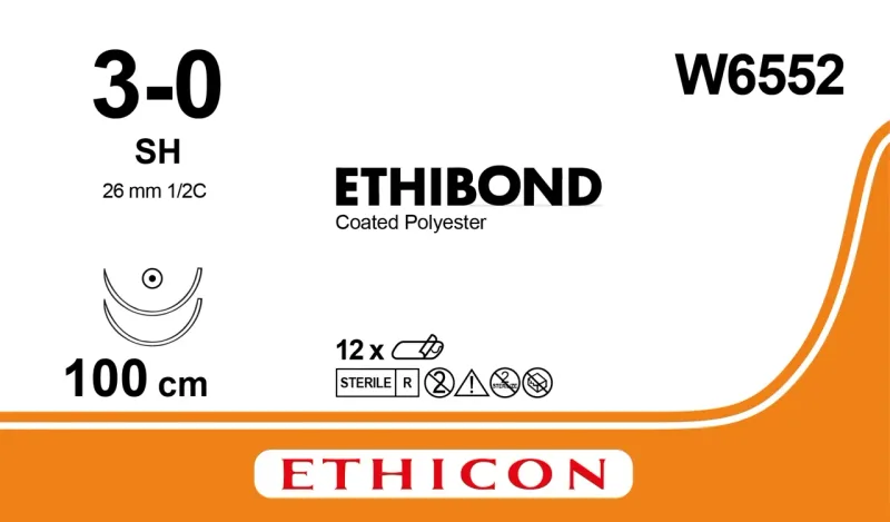 Ethicon Johnson - W6552 - Ethibond Sutures USP 3-0, 1/2 Circle Round Body SH Double Needle - W6552 - 12 Foils Box