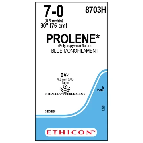 Ethicon Johnson - 8703H - Prolene Sutures USP 7-0, 3/8 Circle Taper Point BV-1 Ethalloy Double Needle 8703H -36 Foils