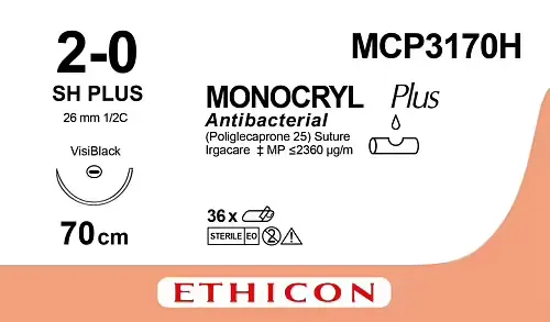 Ethicon Johnson - MCP3170H - Monocryl Plus Sutures USP 2-0, 1/2 Circle Oval Round Body - MCP3170H - 36 Foils Box