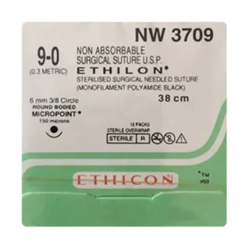 Ethicon Johnson - NW3709 - Ethilon Sutures - NW3709 USP 9-0, 3/8 Circle Round Body Micro Point -12 Foils Box