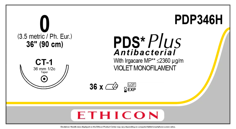 Ethicon Johnson - PDP346H - PDS Plus Sutures USP 0, 1/2 Circle Taper Point PDP346H - 36 Foils Box
